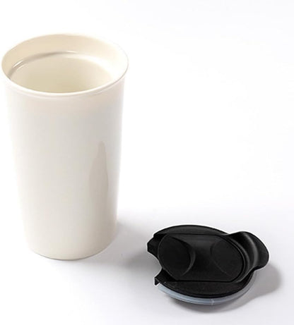 Double-layer Ceramic Cup with Lid, 12oz Ceramic Coffee Cup, Simple Coffee Mug, Drinking Cup, Tea Cup (White)