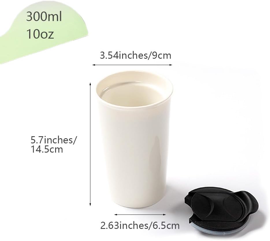 Double-layer Ceramic Cup with Lid, 12oz Ceramic Coffee Cup, Simple Coffee Mug, Drinking Cup, Tea Cup (White)