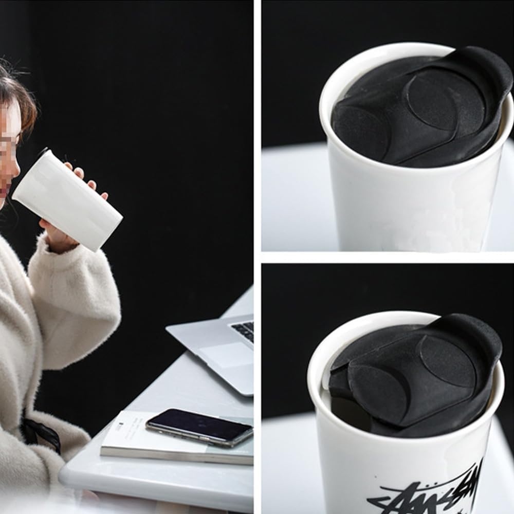 Double-layer Ceramic Cup with Lid, 12oz Ceramic Coffee Cup, Simple Coffee Mug, Drinking Cup, Tea Cup (White)