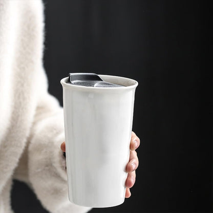 Double-layer Ceramic Cup with Lid, 12oz Ceramic Coffee Cup, Simple Coffee Mug, Drinking Cup, Tea Cup (White)