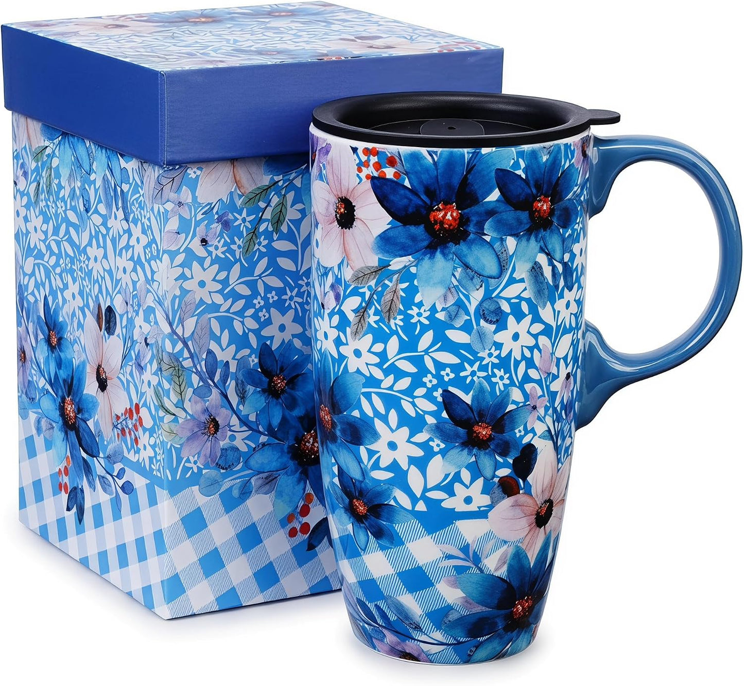 17oz Ceramic Travel Mug with Lid, Colorful Floral Coffee Mug | Artistic Ceramic Travel Cup, Microwave & Dishwasher Safe, Gift Box Included