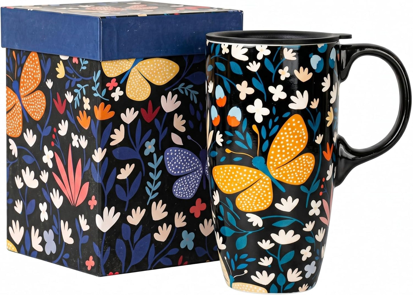 17oz Ceramic Travel Mug with Lid, Colorful Floral Coffee Mug | Artistic Ceramic Travel Cup, Microwave & Dishwasher Safe, Gift Box Included