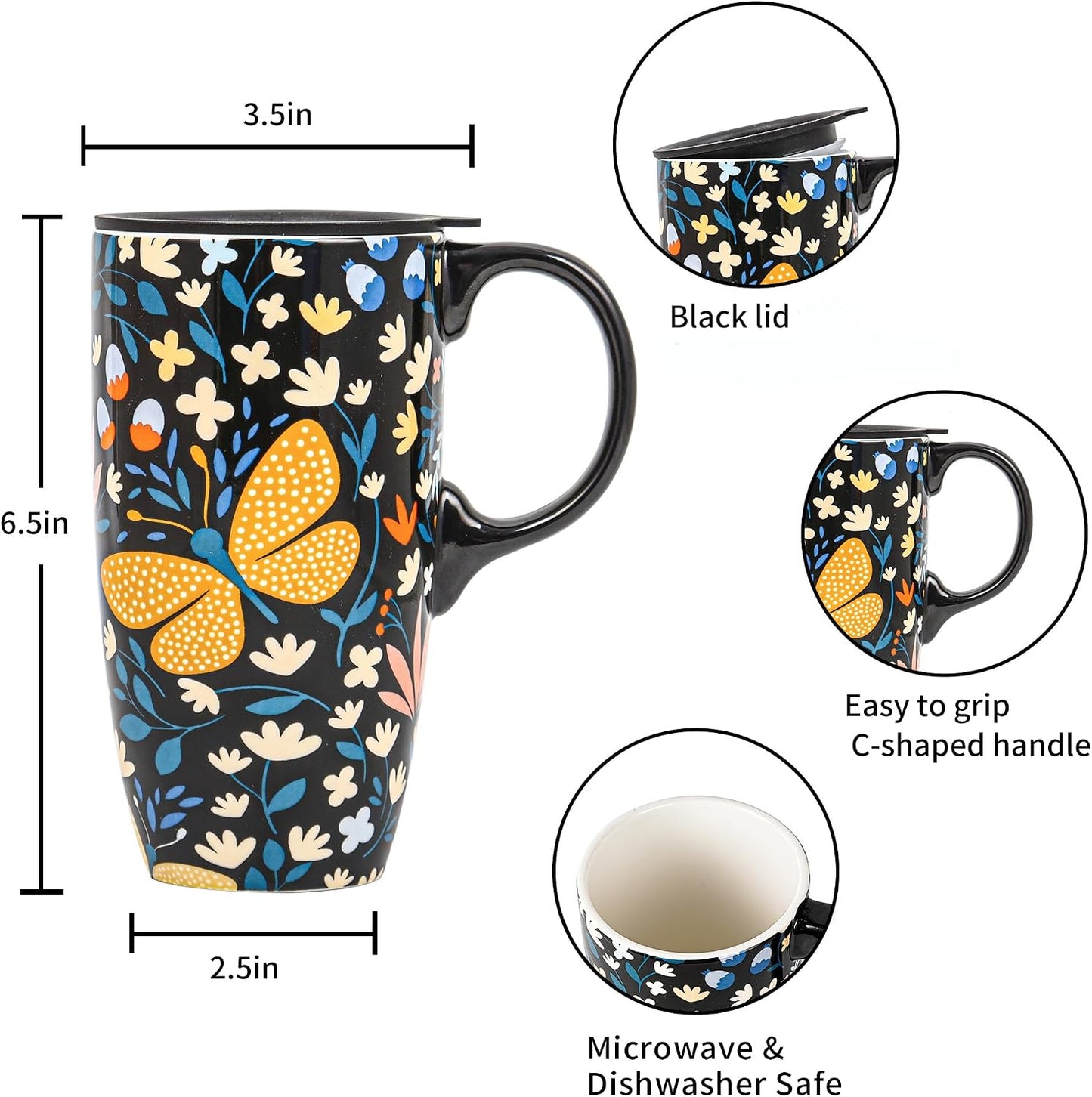 17oz Ceramic Travel Mug with Lid, Colorful Floral Coffee Mug | Artistic Ceramic Travel Cup, Microwave & Dishwasher Safe, Gift Box Included