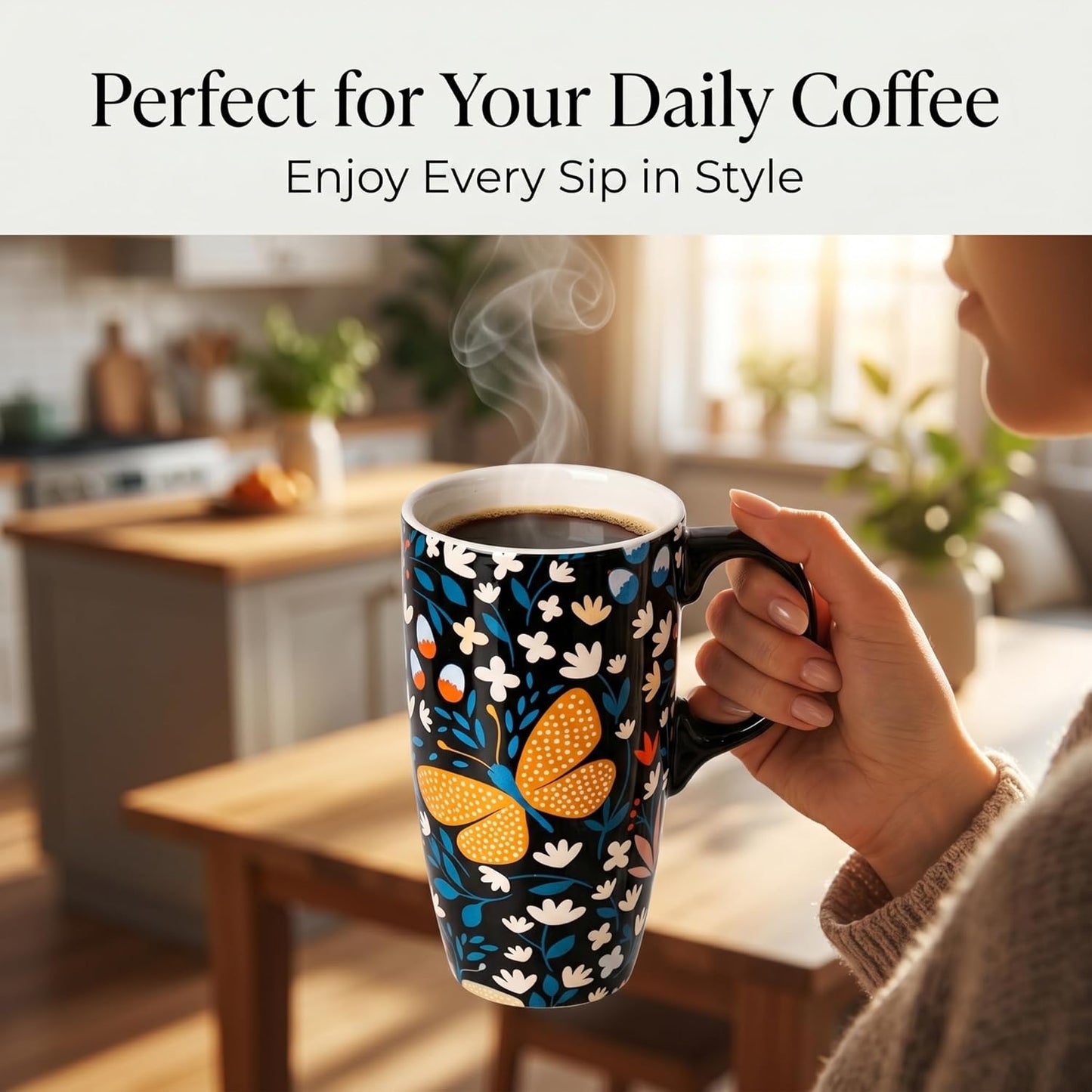 17oz Ceramic Travel Mug with Lid, Colorful Floral Coffee Mug | Artistic Ceramic Travel Cup, Microwave & Dishwasher Safe, Gift Box Included