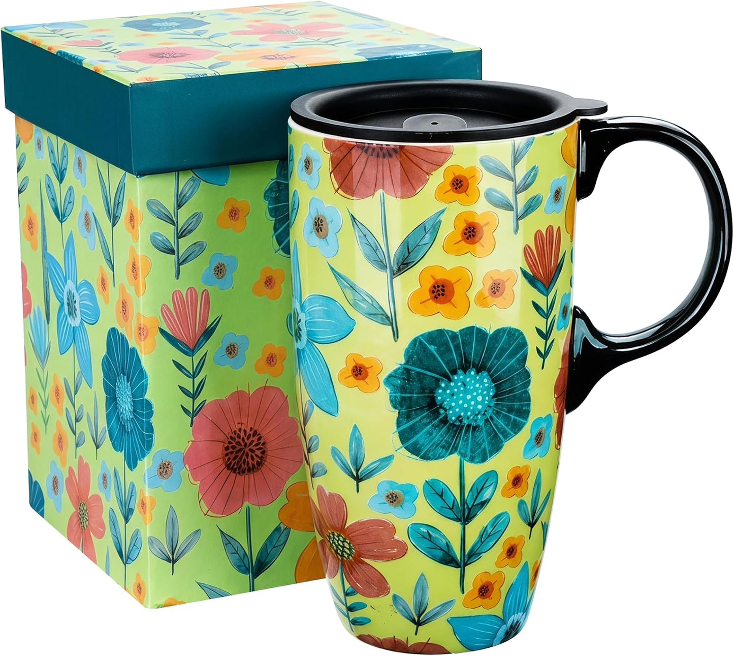 17oz Ceramic Travel Mug with Lid, Colorful Floral Coffee Mug | Artistic Ceramic Travel Cup, Microwave & Dishwasher Safe, Gift Box Included