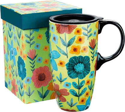 17oz Ceramic Travel Mug with Lid, Colorful Floral Coffee Mug | Artistic Ceramic Travel Cup, Microwave & Dishwasher Safe, Gift Box Included