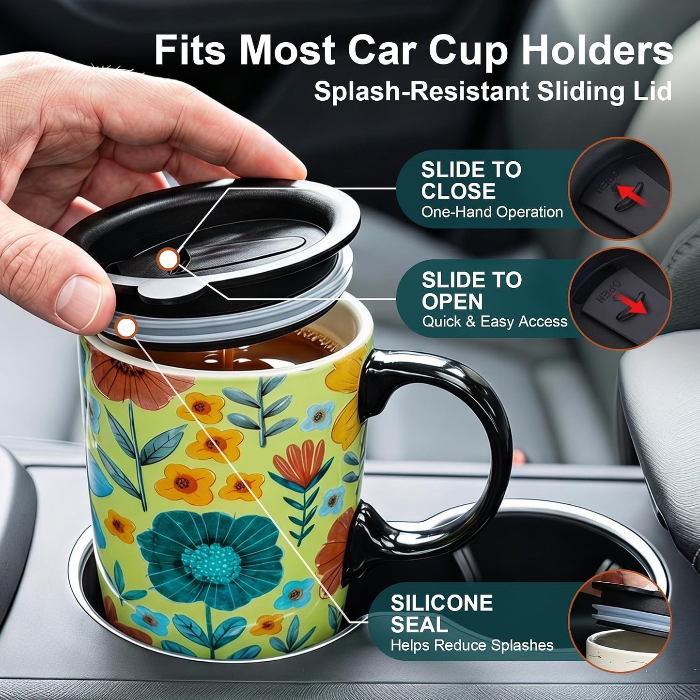 17oz Ceramic Travel Mug with Lid, Colorful Floral Coffee Mug | Artistic Ceramic Travel Cup, Microwave & Dishwasher Safe, Gift Box Included