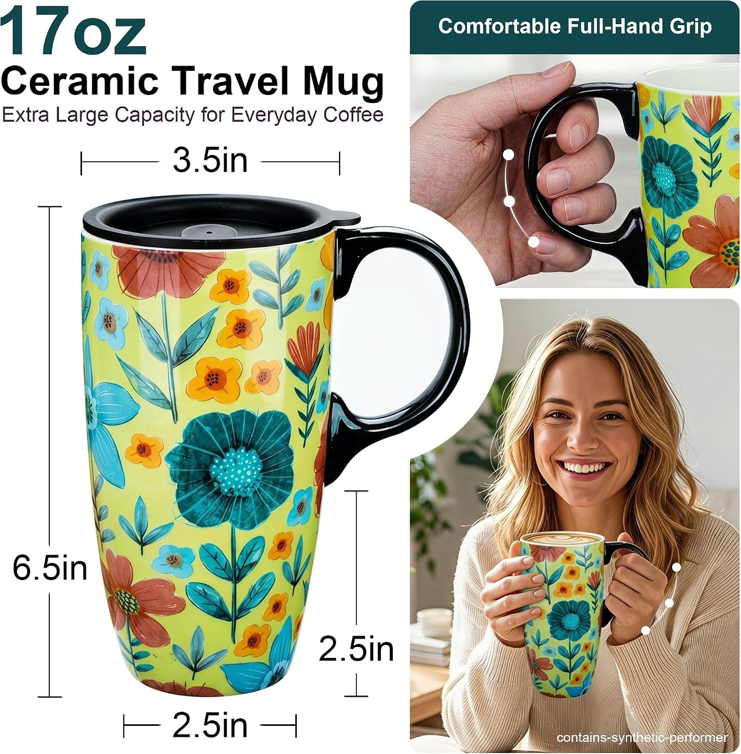 17oz Ceramic Travel Mug with Lid, Colorful Floral Coffee Mug | Artistic Ceramic Travel Cup, Microwave & Dishwasher Safe, Gift Box Included
