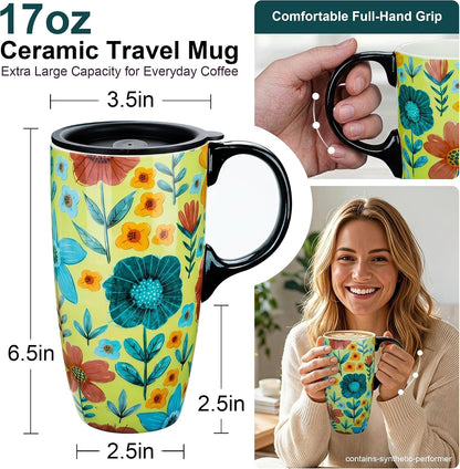 17oz Ceramic Travel Mug with Lid, Colorful Floral Coffee Mug | Artistic Ceramic Travel Cup, Microwave & Dishwasher Safe, Gift Box Included