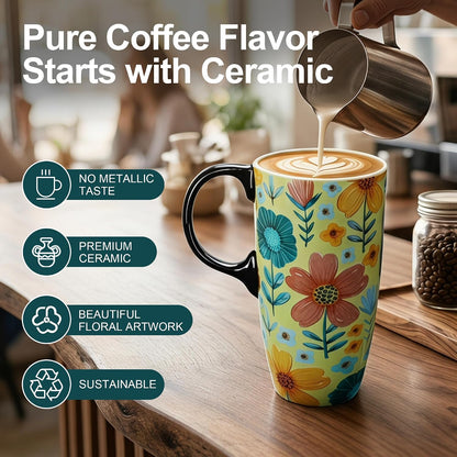 17oz Ceramic Travel Mug with Lid, Colorful Floral Coffee Mug | Artistic Ceramic Travel Cup, Microwave & Dishwasher Safe, Gift Box Included