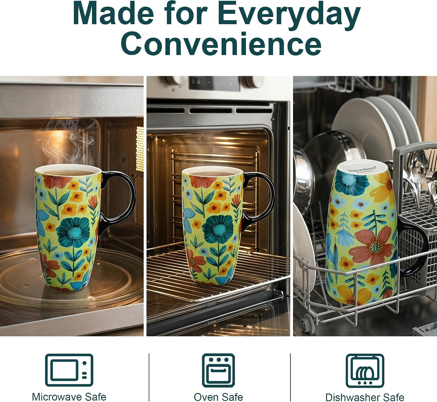 17oz Ceramic Travel Mug with Lid, Colorful Floral Coffee Mug | Artistic Ceramic Travel Cup, Microwave & Dishwasher Safe, Gift Box Included