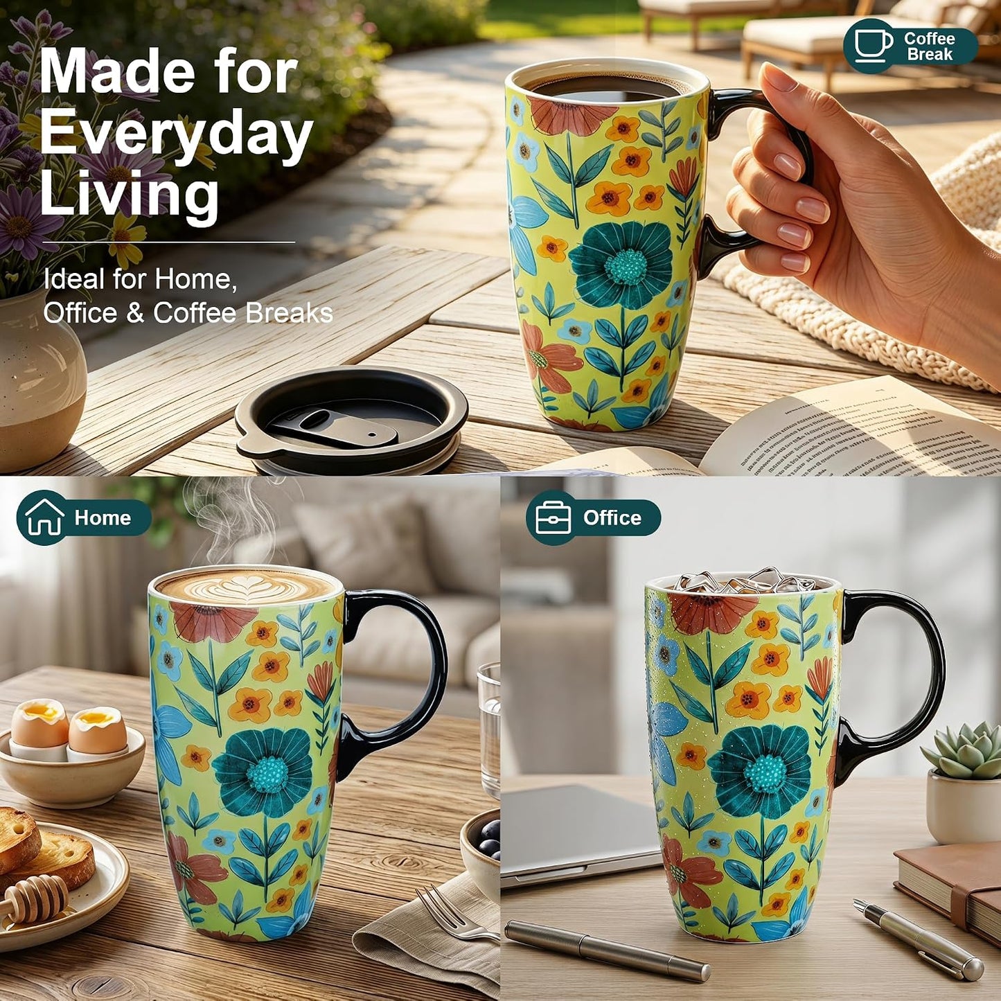 17oz Ceramic Travel Mug with Lid, Colorful Floral Coffee Mug | Artistic Ceramic Travel Cup, Microwave & Dishwasher Safe, Gift Box Included