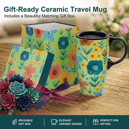 17oz Ceramic Travel Mug with Lid, Colorful Floral Coffee Mug | Artistic Ceramic Travel Cup, Microwave & Dishwasher Safe, Gift Box Included