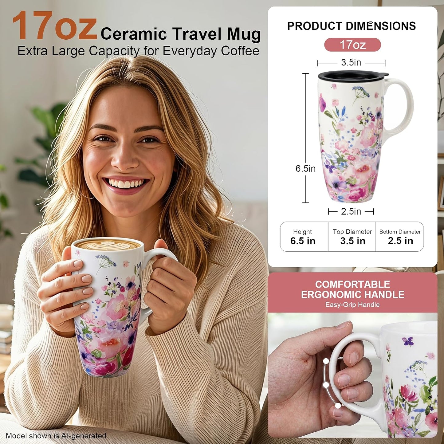 17oz Ceramic Travel Mug with Lid, Colorful Floral Coffee Mug | Artistic Ceramic Travel Cup, Microwave & Dishwasher Safe, Gift Box Included