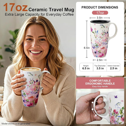 17oz Ceramic Travel Mug with Lid, Colorful Floral Coffee Mug | Artistic Ceramic Travel Cup, Microwave & Dishwasher Safe, Gift Box Included