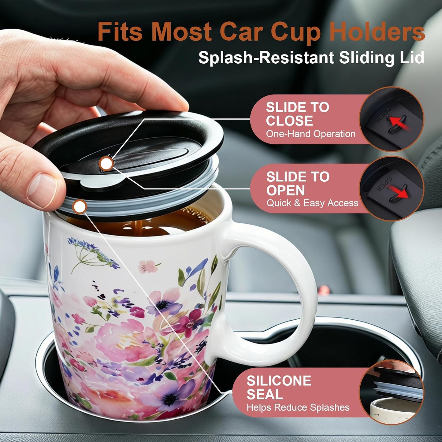 17oz Ceramic Travel Mug with Lid, Colorful Floral Coffee Mug | Artistic Ceramic Travel Cup, Microwave & Dishwasher Safe, Gift Box Included