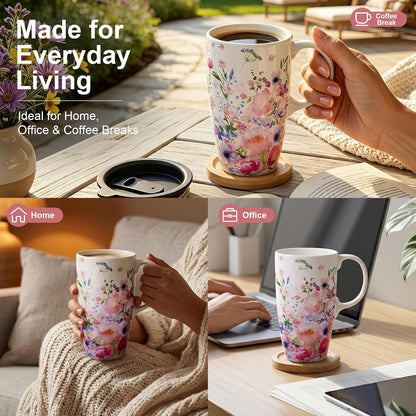 17oz Ceramic Travel Mug with Lid, Colorful Floral Coffee Mug | Artistic Ceramic Travel Cup, Microwave & Dishwasher Safe, Gift Box Included