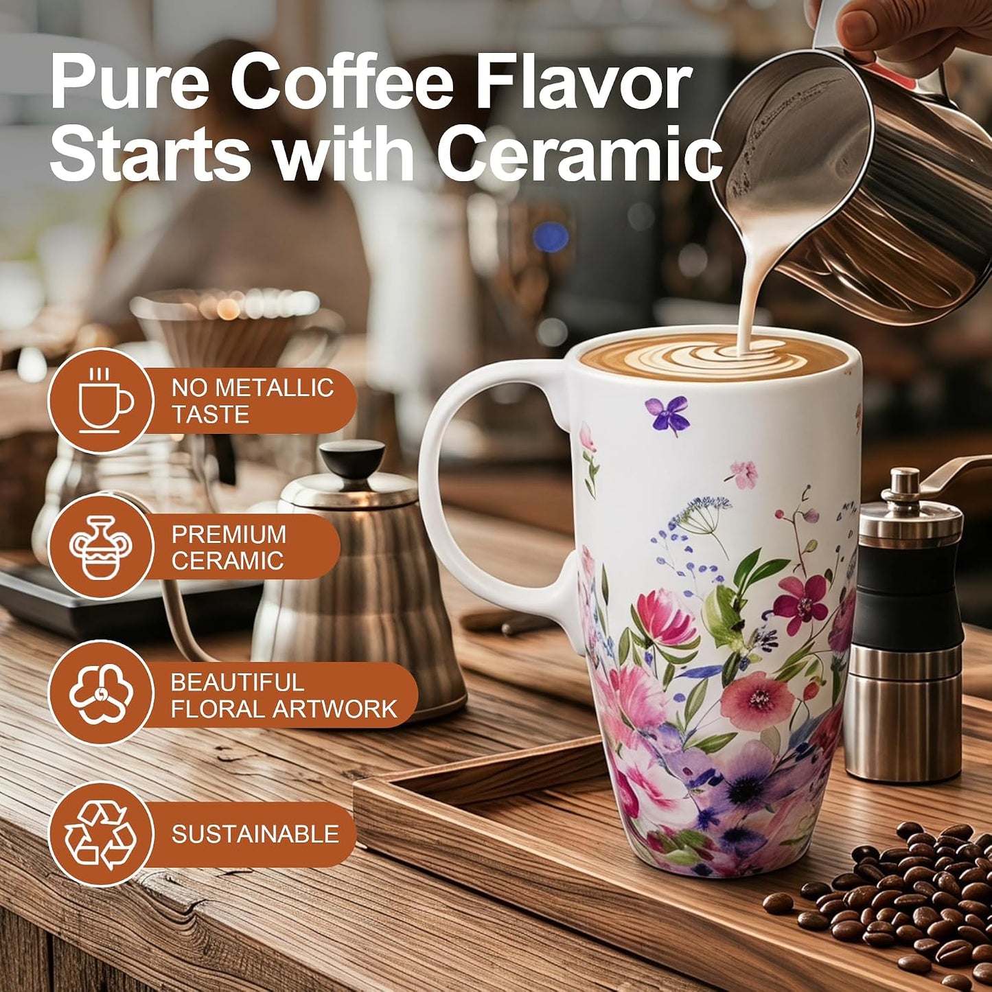 17oz Ceramic Travel Mug with Lid, Colorful Floral Coffee Mug | Artistic Ceramic Travel Cup, Microwave & Dishwasher Safe, Gift Box Included