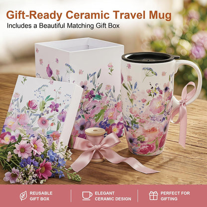 17oz Ceramic Travel Mug with Lid, Colorful Floral Coffee Mug | Artistic Ceramic Travel Cup, Microwave & Dishwasher Safe, Gift Box Included