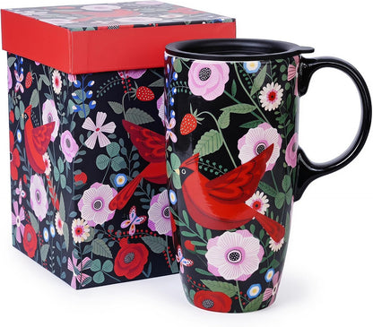 17oz Ceramic Travel Mug with Lid, Colorful Floral Coffee Mug | Artistic Ceramic Travel Cup, Microwave & Dishwasher Safe, Gift Box Included