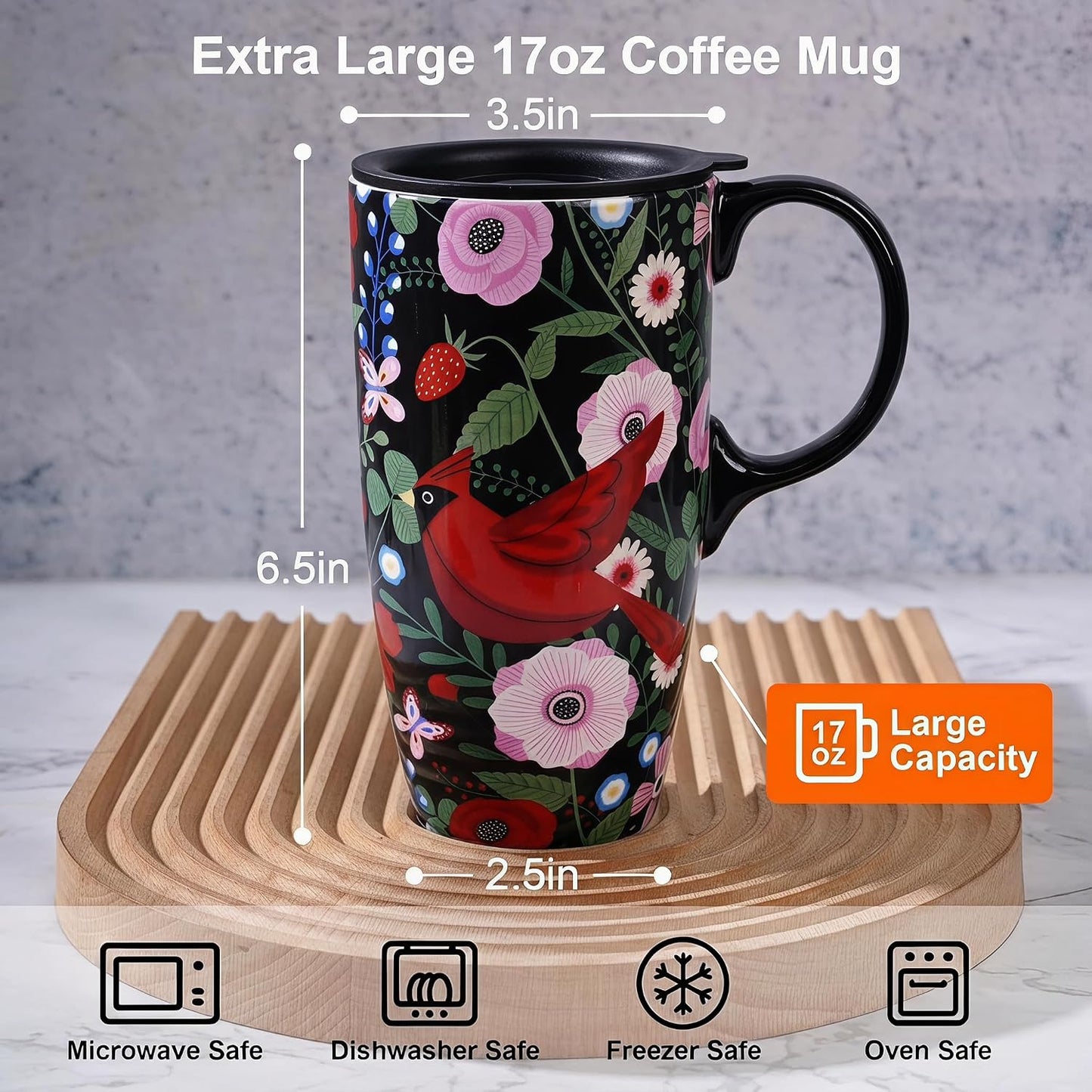 17oz Ceramic Travel Mug with Lid, Colorful Floral Coffee Mug | Artistic Ceramic Travel Cup, Microwave & Dishwasher Safe, Gift Box Included