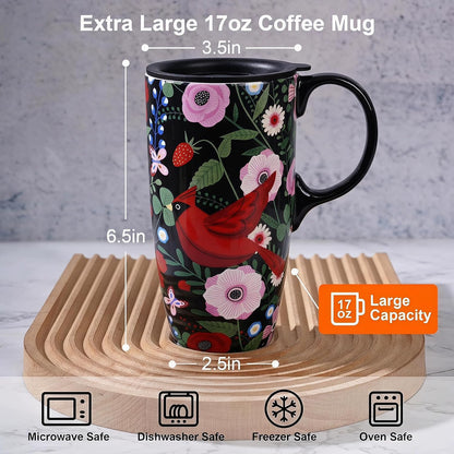 17oz Ceramic Travel Mug with Lid, Colorful Floral Coffee Mug | Artistic Ceramic Travel Cup, Microwave & Dishwasher Safe, Gift Box Included