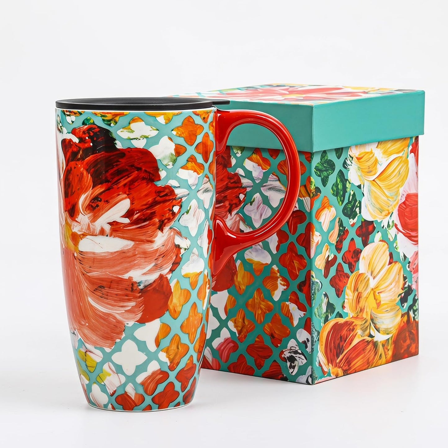 17oz Ceramic Travel Mug with Lid, Colorful Floral Coffee Mug | Artistic Ceramic Travel Cup, Microwave & Dishwasher Safe, Gift Box Included