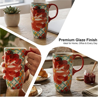 17oz Ceramic Travel Mug with Lid, Colorful Floral Coffee Mug | Artistic Ceramic Travel Cup, Microwave & Dishwasher Safe, Gift Box Included