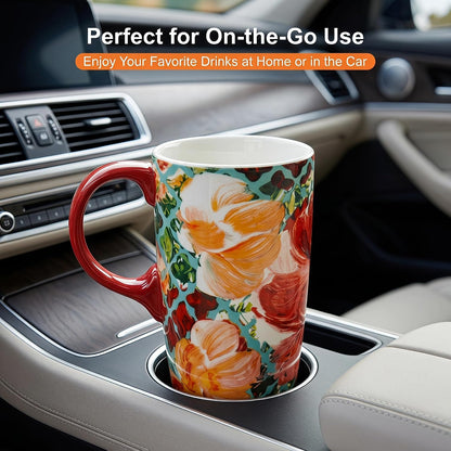 17oz Ceramic Travel Mug with Lid, Colorful Floral Coffee Mug | Artistic Ceramic Travel Cup, Microwave & Dishwasher Safe, Gift Box Included