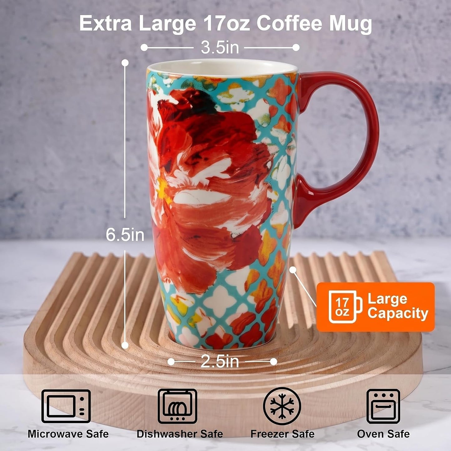 17oz Ceramic Travel Mug with Lid, Colorful Floral Coffee Mug | Artistic Ceramic Travel Cup, Microwave & Dishwasher Safe, Gift Box Included