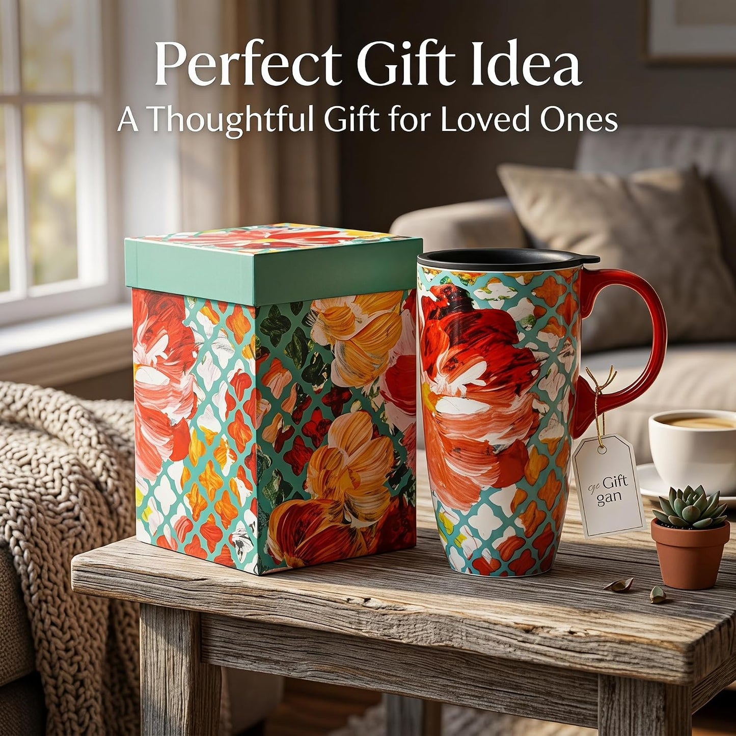 17oz Ceramic Travel Mug with Lid, Colorful Floral Coffee Mug | Artistic Ceramic Travel Cup, Microwave & Dishwasher Safe, Gift Box Included