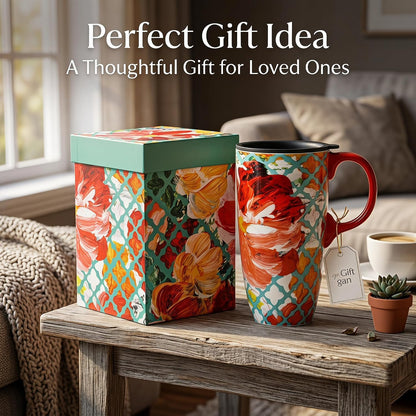 17oz Ceramic Travel Mug with Lid, Colorful Floral Coffee Mug | Artistic Ceramic Travel Cup, Microwave & Dishwasher Safe, Gift Box Included
