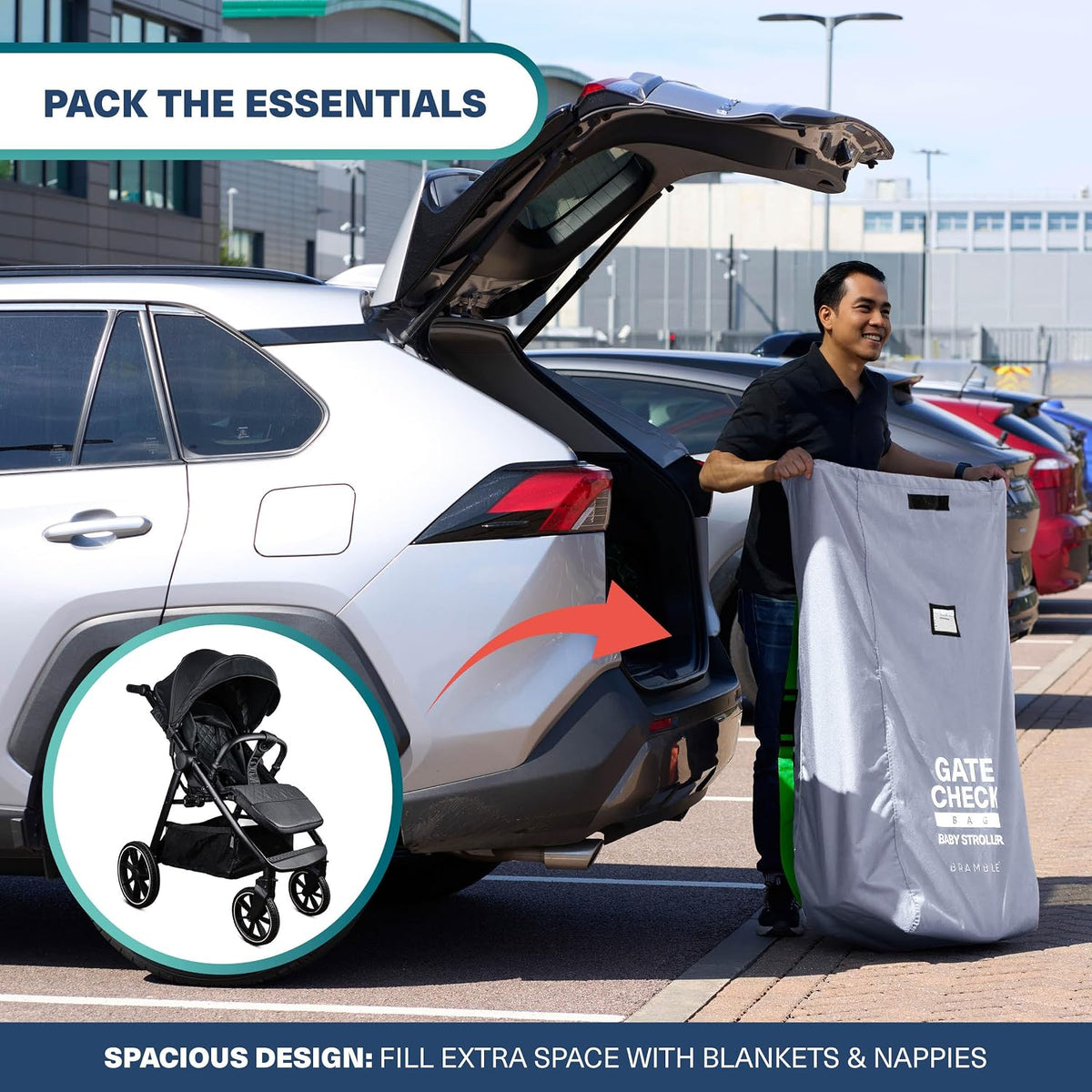 Stroller Travel Bag for Airplane | Oxford Fabric, Waterproof, Padded Adjustable Strap Up to 45" H x 13" D x 22" W - Gate Check Stroller Bag for Airplane - Grey