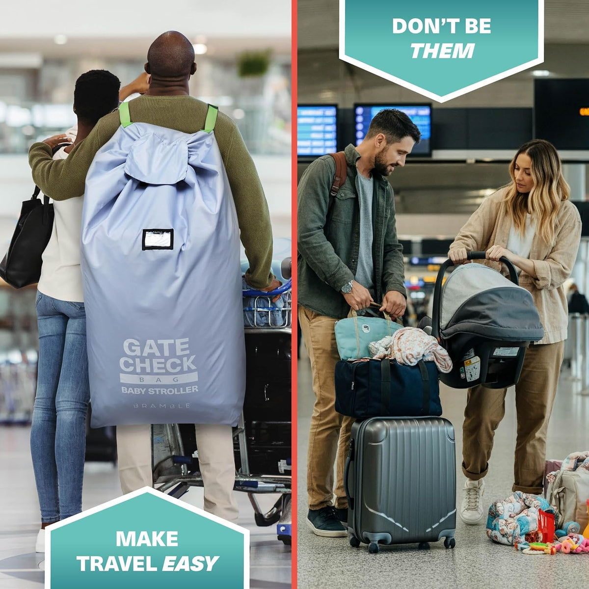 Stroller Travel Bag for Airplane | Oxford Fabric, Waterproof, Padded Adjustable Strap Up to 45" H x 13" D x 22" W - Gate Check Stroller Bag for Airplane - Grey