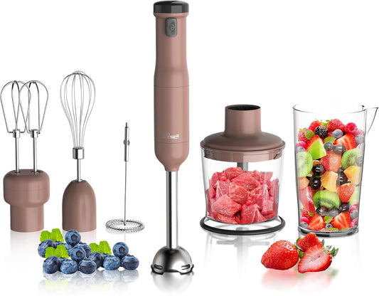 Rosewill 6-in-1 Multi-Speed Cordless Rechargeable Immersion Hand Blender, Heavy Duty Motor - Stick Blender, Beaker, Whisk, Chopper, Dual Beater, Milk Frother - For Smoothies, Baby Food, Soup - Mocha