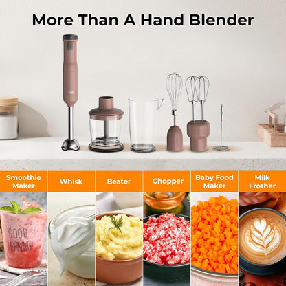 Rosewill 6-in-1 Multi-Speed Cordless Rechargeable Immersion Hand Blender, Heavy Duty Motor - Stick Blender, Beaker, Whisk, Chopper, Dual Beater, Milk Frother - For Smoothies, Baby Food, Soup - Mocha