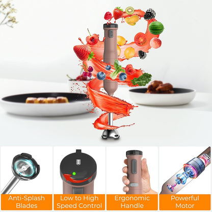 Rosewill 6-in-1 Multi-Speed Cordless Rechargeable Immersion Hand Blender, Heavy Duty Motor - Stick Blender, Beaker, Whisk, Chopper, Dual Beater, Milk Frother - For Smoothies, Baby Food, Soup - Mocha