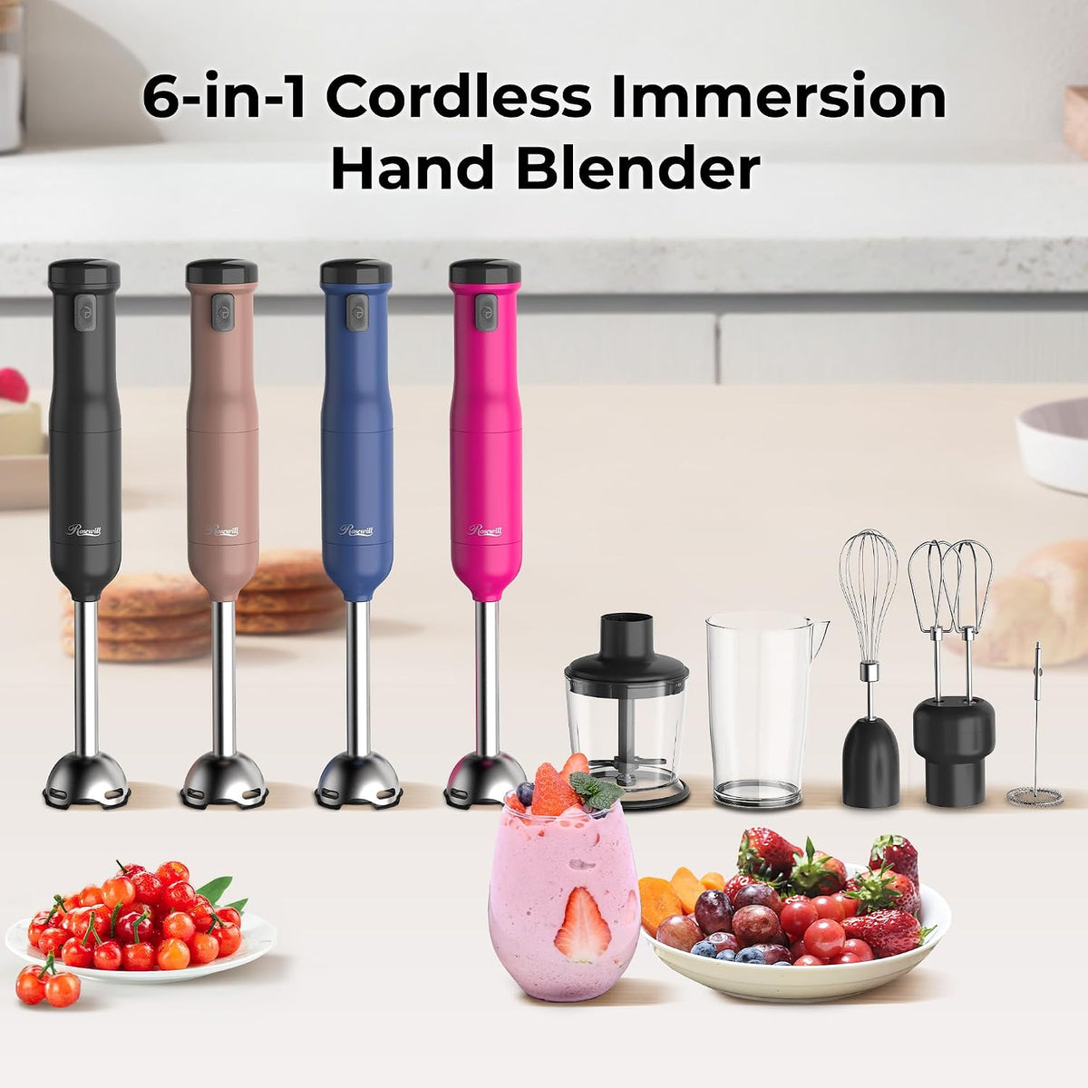 Rosewill 6-in-1 Multi-Speed Cordless Rechargeable Immersion Hand Blender, Heavy Duty Motor - Stick Blender, Beaker, Whisk, Chopper, Dual Beater, Milk Frother - For Smoothies, Baby Food, Soup - Mocha