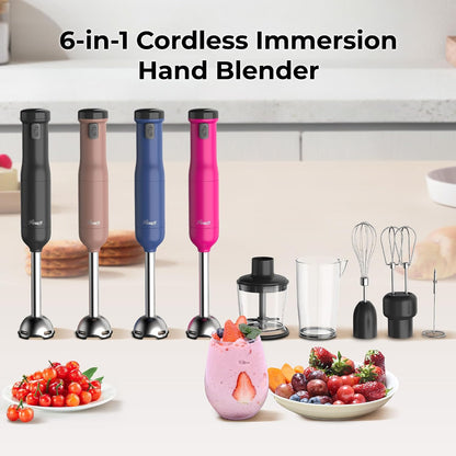 Rosewill 6-in-1 Multi-Speed Cordless Rechargeable Immersion Hand Blender, Heavy Duty Motor - Stick Blender, Beaker, Whisk, Chopper, Dual Beater, Milk Frother - For Smoothies, Baby Food, Soup - Mocha