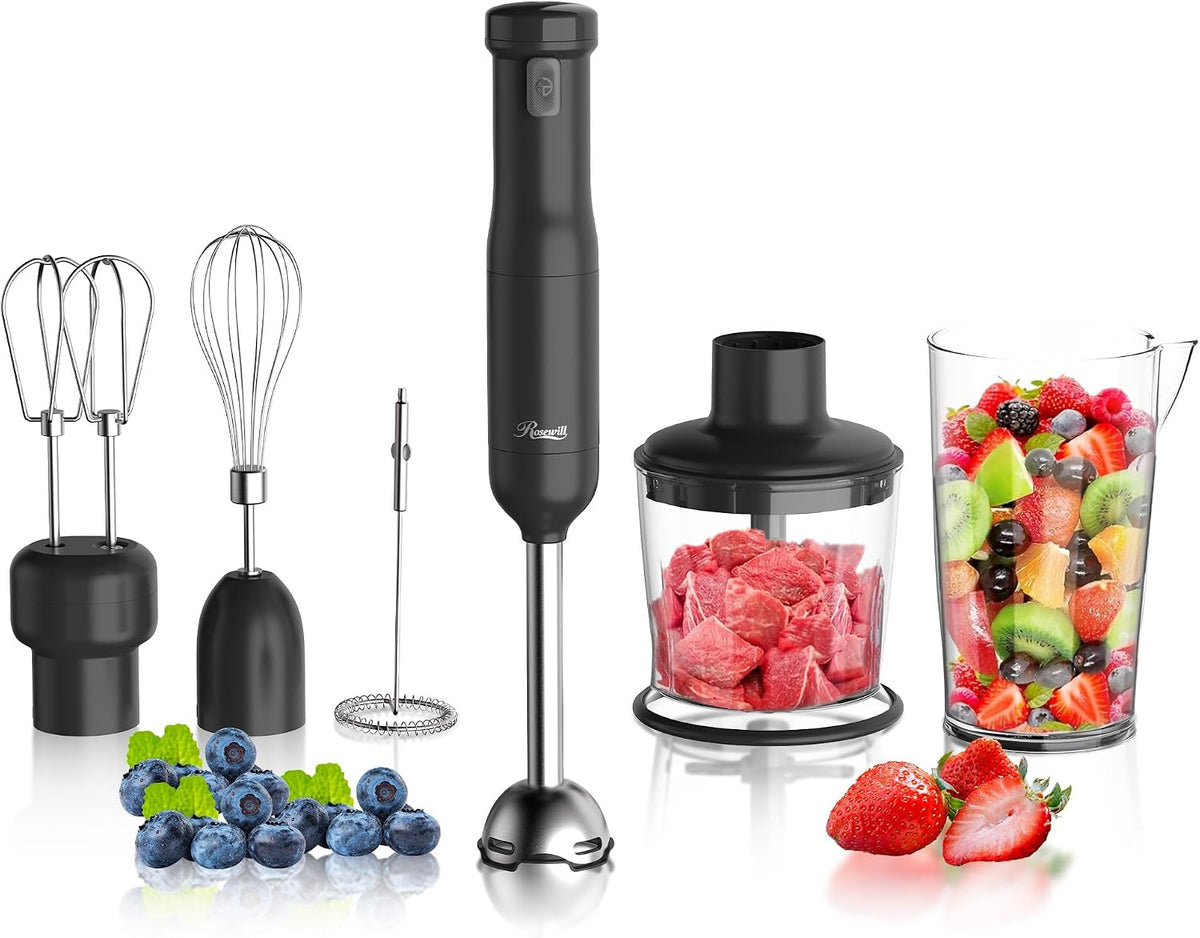 Rosewill 6-in-1 Multi-Speed Cordless Rechargeable Immersion Hand Blender, Heavy Duty Motor - Stick Blender, Beaker, Whisk, Chopper, Dual Beater, Milk Frother - For Smoothies, Baby Food, Soup - Mocha