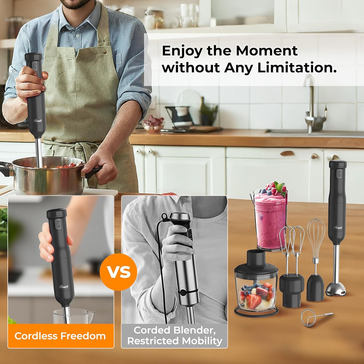 Rosewill 6-in-1 Multi-Speed Cordless Rechargeable Immersion Hand Blender, Heavy Duty Motor - Stick Blender, Beaker, Whisk, Chopper, Dual Beater, Milk Frother - For Smoothies, Baby Food, Soup - Mocha