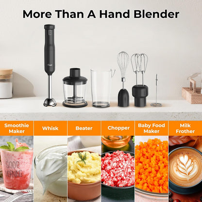 Rosewill 6-in-1 Multi-Speed Cordless Rechargeable Immersion Hand Blender, Heavy Duty Motor - Stick Blender, Beaker, Whisk, Chopper, Dual Beater, Milk Frother - For Smoothies, Baby Food, Soup - Mocha