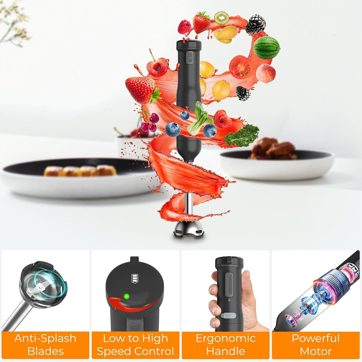 Rosewill 6-in-1 Multi-Speed Cordless Rechargeable Immersion Hand Blender, Heavy Duty Motor - Stick Blender, Beaker, Whisk, Chopper, Dual Beater, Milk Frother - For Smoothies, Baby Food, Soup - Mocha
