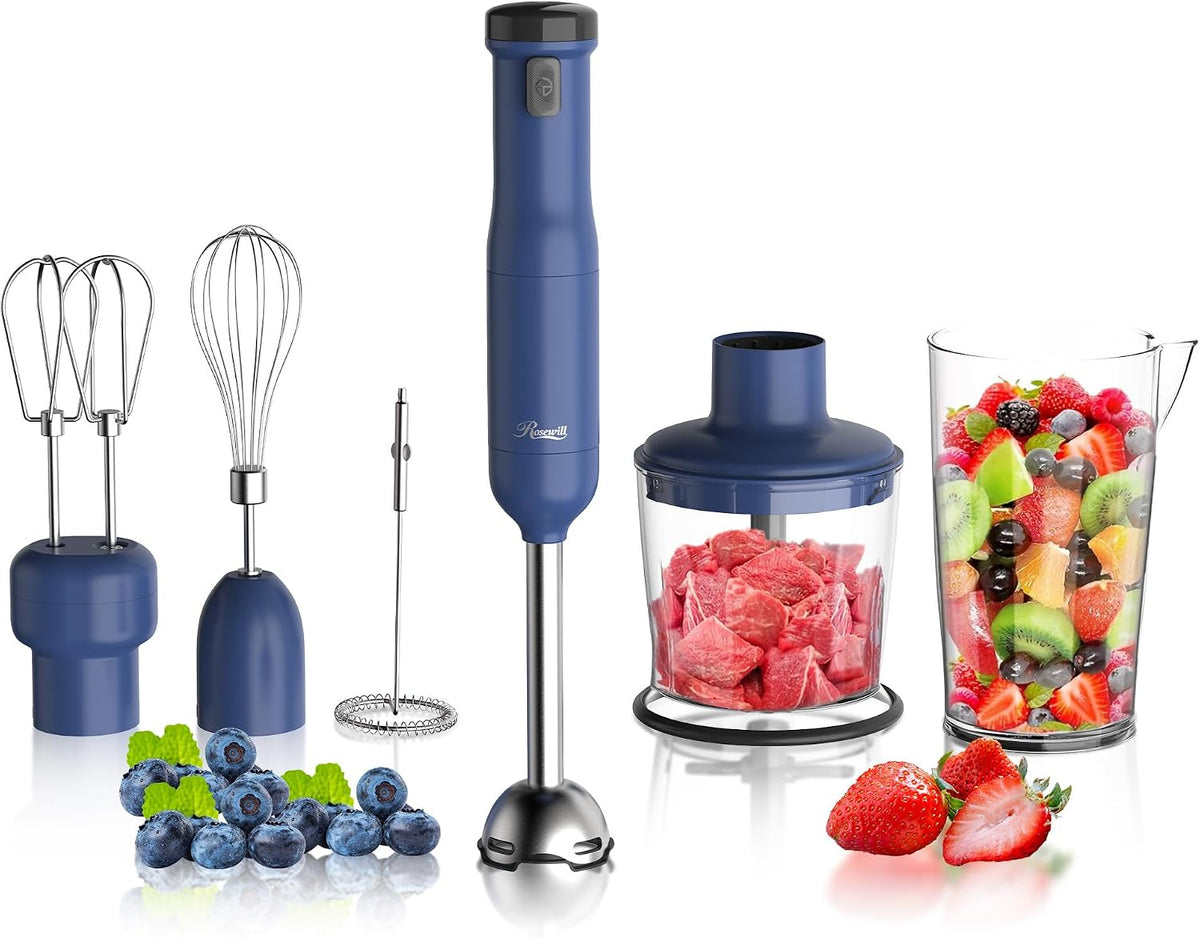 Rosewill 6-in-1 Multi-Speed Cordless Rechargeable Immersion Hand Blender, Heavy Duty Motor - Stick Blender, Beaker, Whisk, Chopper, Dual Beater, Milk Frother - For Smoothies, Baby Food, Soup - Mocha