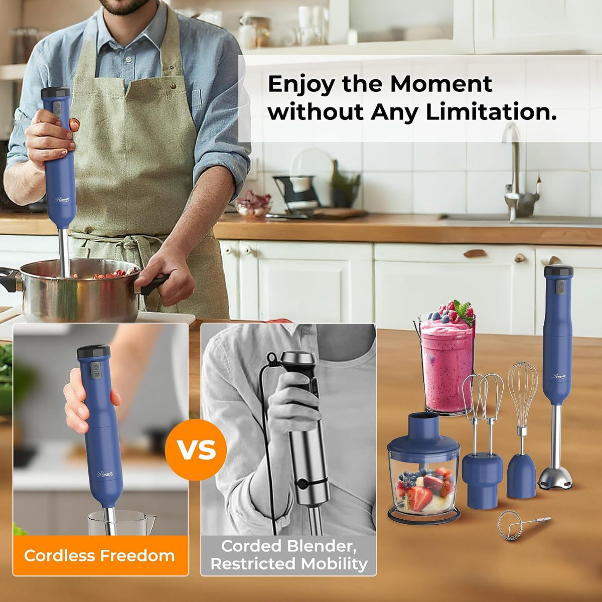 Rosewill 6-in-1 Multi-Speed Cordless Rechargeable Immersion Hand Blender, Heavy Duty Motor - Stick Blender, Beaker, Whisk, Chopper, Dual Beater, Milk Frother - For Smoothies, Baby Food, Soup - Mocha