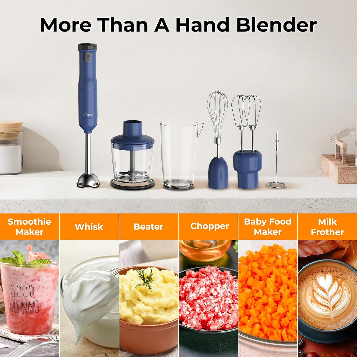 Rosewill 6-in-1 Multi-Speed Cordless Rechargeable Immersion Hand Blender, Heavy Duty Motor - Stick Blender, Beaker, Whisk, Chopper, Dual Beater, Milk Frother - For Smoothies, Baby Food, Soup - Mocha