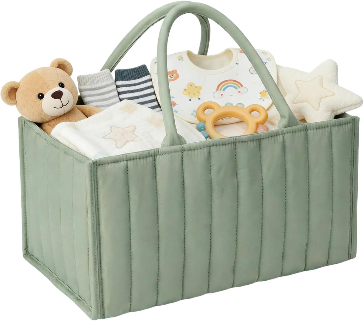 Diaper Caddy Organizer, Quilted Storage Basket with Removable Dividers, Portable Nursery Organizer for Newborn Essentials Car Caddy (Light Green)
