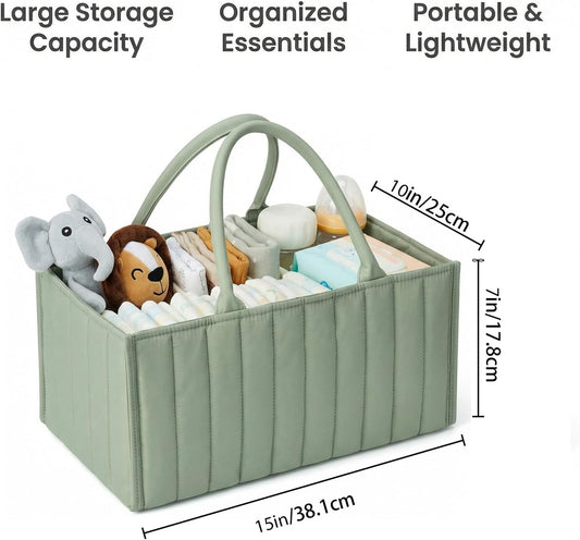 Diaper Caddy Organizer, Quilted Storage Basket with Removable Dividers, Portable Nursery Organizer for Newborn Essentials Car Caddy (Light Green)