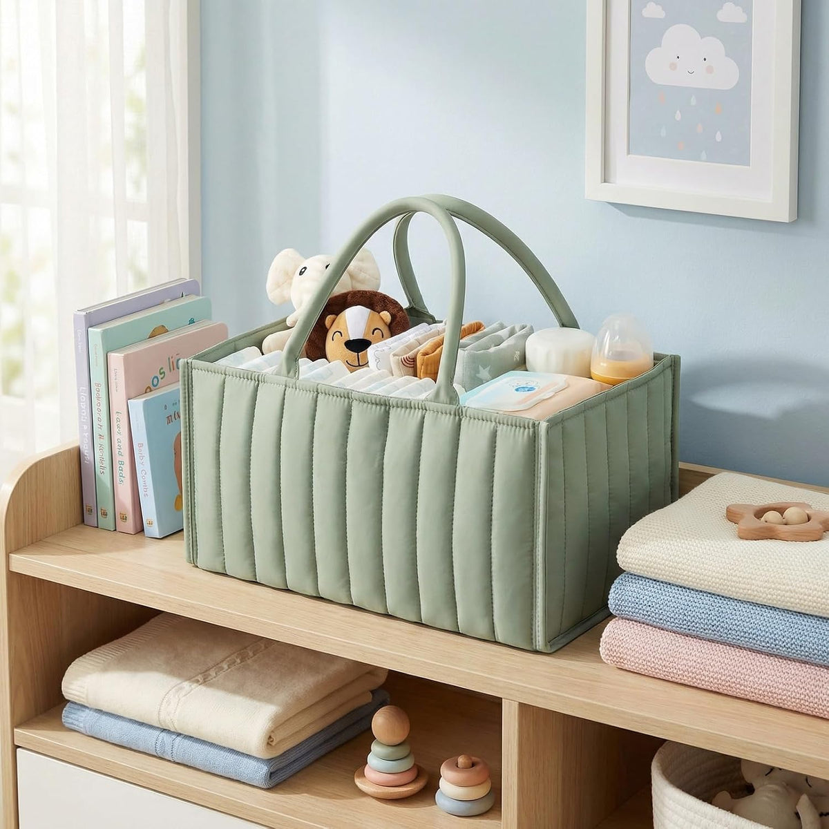 Diaper Caddy Organizer, Quilted Storage Basket with Removable Dividers, Portable Nursery Organizer for Newborn Essentials Car Caddy (Light Green)