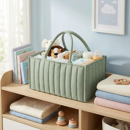 Diaper Caddy Organizer, Quilted Storage Basket with Removable Dividers, Portable Nursery Organizer for Newborn Essentials Car Caddy (Light Green)